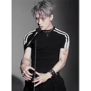 王嘉爾同款短袖T恤男士修身歐美重磅彈力緊身內搭打底運動上衣潮