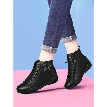 黑色高幫運動鞋2026新款女春季加絨真皮女鞋平底皮面跑步鞋休閑鞋