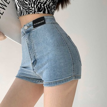 🚀台灣出貨虧本衝評🚀日本🇯🇵 設計貼標牛仔短褲女夏薄款chic高腰顯瘦直筒修身彈力打底闊腿熱褲