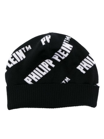 Philipp Plein - logo-intarsia ribbed-knit beanie - unisex - Fabric - One Size - Black