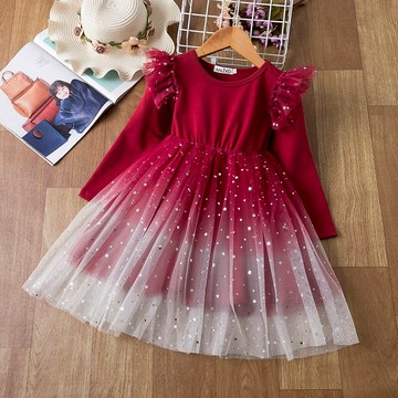 女童連衣裙星空公主裙新款秋季長袖仙女裙兒童裙子蓬蓬紗裙