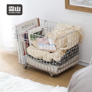 日本霜山 復古風可提式304不鏽鋼置物收納籃-大款(附單向輪)