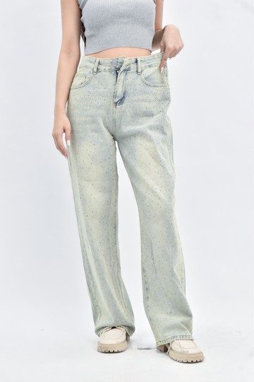 (M) 藍色點鑽高腰牛仔長褲