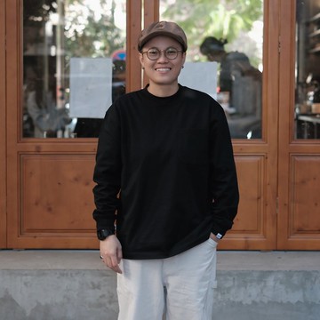 THREADESIGN重磅純棉305g純色寬鬆口袋圓領休閒長袖T恤