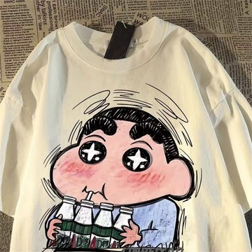 臺灣/✨ 短袖 T恤 寬鬆上衣 日系復古卡通蠟筆小新短袖t男女夏季oversize寬松潮牌半袖上衣12