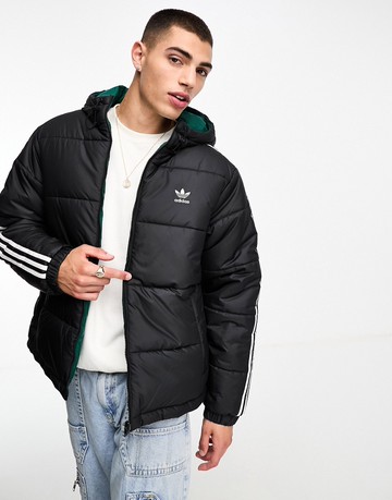 adidas Originals 3 stripe reversible puffer jacket in black and green
