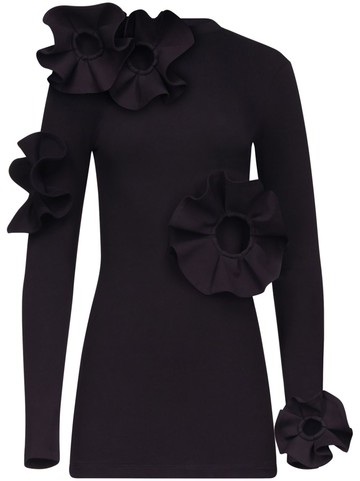 AREA - ruffled flower-appliqué mini dress - women - Cotton/Elastane - L - Black