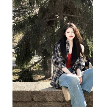 復古藍色防曬長袖格子襯衫女秋季高級設計感小眾寬松外套情侶上衣