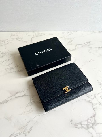 稀有中古二手Chanel黑色皮革金扣中夾 短夾 皮夾 銀包古董包 錢包