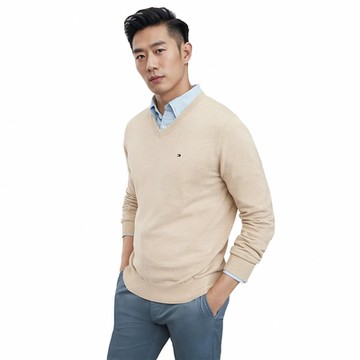 TOMMY 熱銷V領Logo針織毛衣-奶茶色