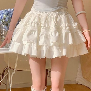 💗台灣出貨💗韩系白色蕾絲 蛋糕蓬蓬裙女 甜美半身裙 a字裙 高腰顯瘦 防走光芭蕾風短裙 白色蓬蓬裙 高腰短裙 设计感裙子