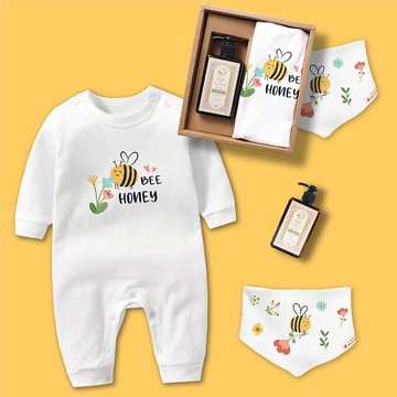 BEE哈尼小蜜蜂 長袖連身衣 三角巾 口水巾 禮盒 嬰兒 彌月 滿月