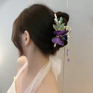 🔥品質保障🔥複古風刺繡蝴蝶頭髮抓夾輕奢新款網紅後腦勺爆款鯊魚夾高級感髮夾