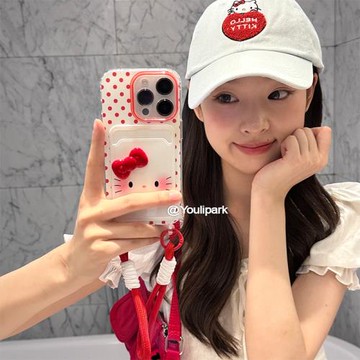 由里公園ins可愛紅色波點貓咪卡包適用11蘋果15ProMax手機殼iPhone13全包15新款12Pro軟14Promax防摔保護套14
