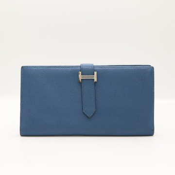 HERMES 愛馬仕 扎染藍 Chevre 山羊皮 Bearn 兩折長夾 X刻 銀釦 【二手名牌BRAND OFF】