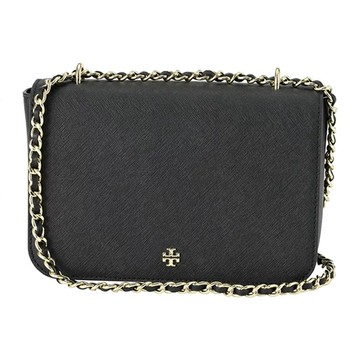 【TORY BURCH】雙T-LOGO素面皮革鍊包-黑