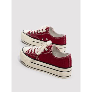 酒紅色帆布鞋女春秋2026新款厚底增高鞋女款布鞋夏季透氣低幫女鞋