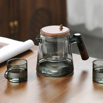 新款泡茶壺家用耐熱玻璃內膽飄逸杯茶水分離泡茶壺胡桃木把手加厚
