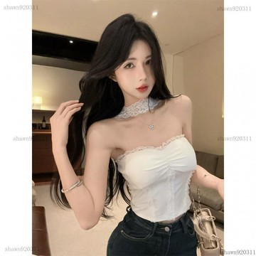 商城爆款♥（自帶胸墊）蕾絲抹胸掛脖背心上衣女 性感純慾風弔帶背心 自帶胸墊抹胸背心