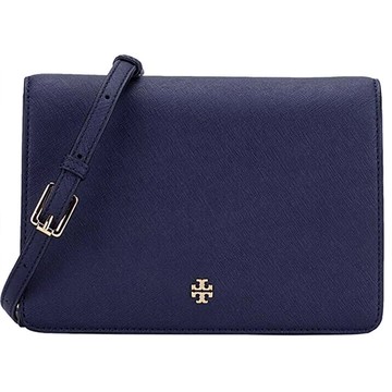 TORY BURCH - 雙TLOGO皮革翻蓋斜背包 (深藍)