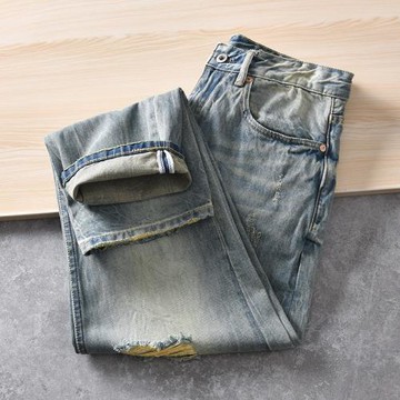 重工純棉水洗做舊！外貿男裝春季休閑復古直筒寬松破洞牛仔褲潮