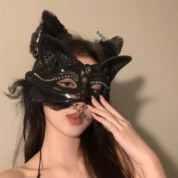 桃園出貨萬聖節性感成人蕾絲麵具化妝舞會派對純慾貓耳朵女半臉麵貓女麵罩