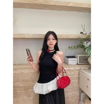 GS法式小眾芭蕾風撞色針織拼接蓬蓬花邊小衫氣質上衣2024夏季新款