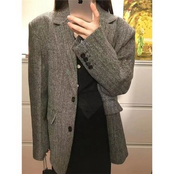 WFYO/粗花呢復古全羊毛西裝外套女寬松人字紋高級感上衣氣質大衣