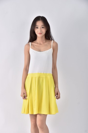 (S) robyn拼色細肩黃色洋裝