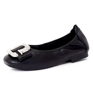 DIANA 1.5 cm質感羊皮水鑽字母釦飾低跟楔型底台娃娃鞋 黑色 #54217