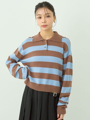 橫條紋配色長袖針織上衣(01000253600) - earth music&ecology