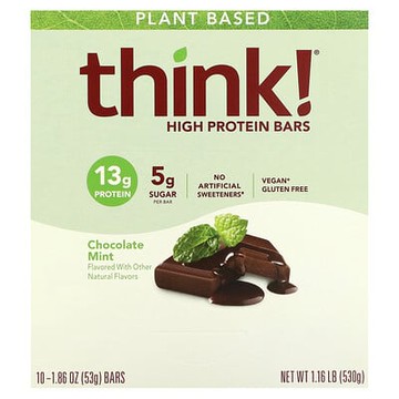 Think !, 植物基高蛋白棒，巧克力薄荷味，10 根，每根 1.86 盎司（53 克）