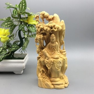 小葉黃楊木雕家居飾品擺件雕刻工藝木質佛像文玩禮品自在觀音1入