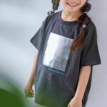 日本 devirock - 100%棉 閃亮金屬印花短袖上衣-銀色方塊-黑