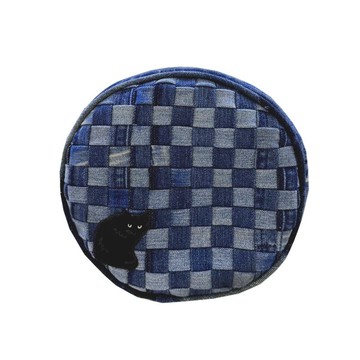 new  斜背包/側背包 長毛黑貓小圓包 牛仔編織包