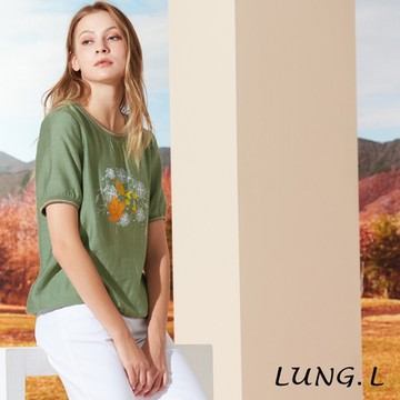 LUNG.L林佳樺 淺綠色搭配橘色花朵膠印短袖女裝上衣LR38A