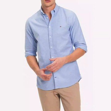 跨境現貨夏季湯米Tommy牛津紡男士刺繡商務合身純色長袖翻領襯衫1鑫弘-衣錦男裝