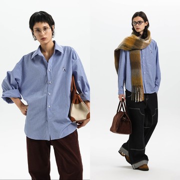 百搭miu風高級感雙人舞刺繡藍格休閒襯衫 男女同款Unvesno(UN)