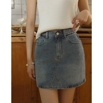 CHIC A SPACE 古著風編織腰頭牛仔短裙(藍) 女裝 現貨 氣質 高級感