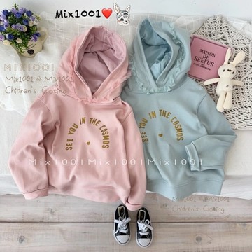 🌈✨mix1001 蘿莉女孩花邊帽造型上衣✨兒童燙印金粉字母連帽上衣 5-17