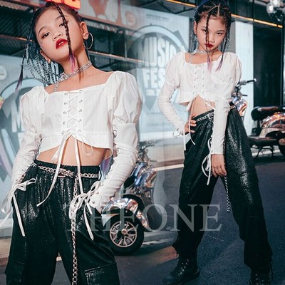 ダンス衣装 キッズ ホワイトトップス ブラックパンツ スパン ガールズ ヒップホップ 応援団 練習着 かっこいい 通販 Lineポイント最大get Lineショッピング
