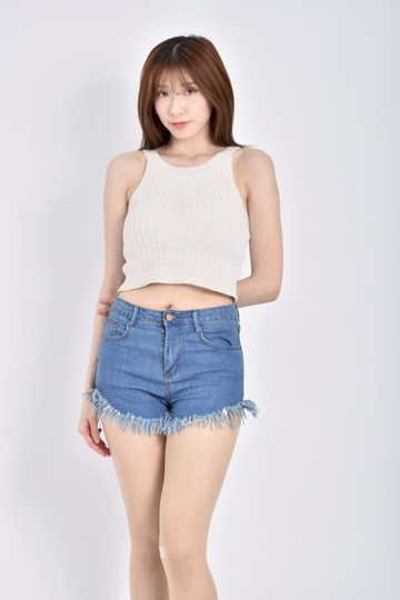 (S) 高腰丹寧牛仔質感藍色短褲