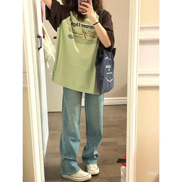 P3-[限時特賣]T恤 短袖T恤 短袖上衣 女生上衣21支200剋純棉復古撞色短袖T恤女淺綠色插肩袖美式復古