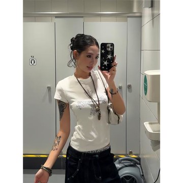 F383 美式復古十字印花正肩短袖T恤收腰修身內搭打底衫辣妹上衣女