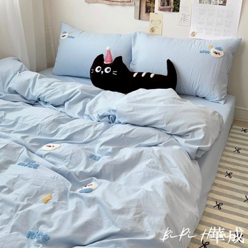 淺藍小白狗毛巾繡床組 水洗棉床組 居家寢具 可愛床包 床單 床組 床包