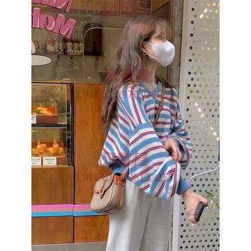針織衫條紋撞色條紋V領上衣韓系風格穿搭女裝高級感氣質百搭秋季新款【聚寶屋】