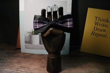 黑色真丝拼接紫色格子领结英伦风蝴蝶结