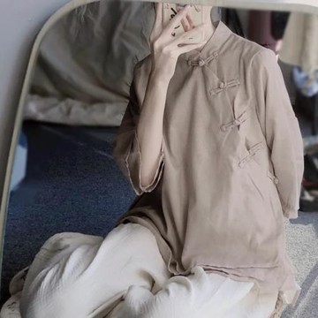 素錦雙層棉麻薄紗立領斜開襟盤扣七分袖襯衫女春中國風亞麻禪茶服