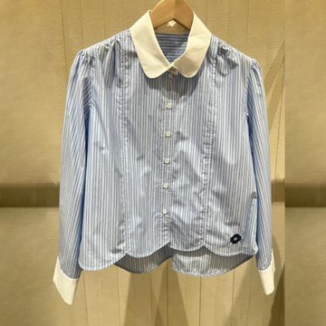 元品質春夏法式俏皮撞色小翻領豎條紋刺繡前短后長襯衫百搭上衣