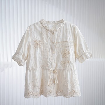蕾絲刺繡綁帶短袖襯衫908395